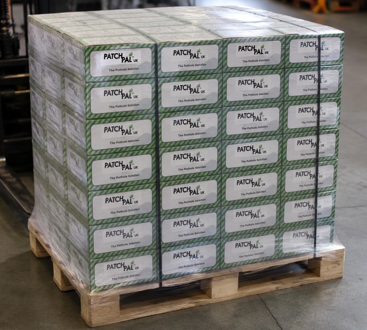 A full pallet of 36 boxes of PatchPal reactive road repair